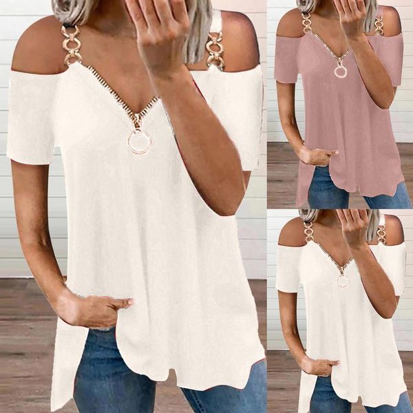 

women's t-shirt fashion 2021 women plus size v-neck zipper solid color short sleeve casual loose strapless, White