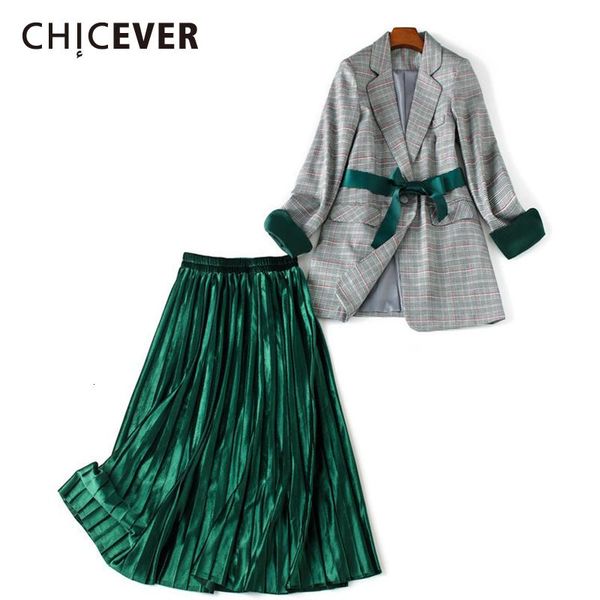 

two piece dress chicever bowknot set female lapel collar long sleeve blazer high waist pleated skirt women's suit 2021 autumn clothes, White