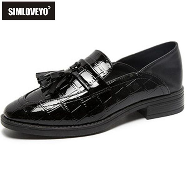 

dress shoes simloveyo 2021 women pumps square toe block heels patent leather tassels british vintage student big size 40 casual b2385, Black