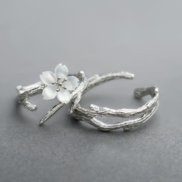 

cluster rings s925 silver original design snow cherry blossom couple opening adjustable ring frosty wind korean wave jewelry, Golden;silver