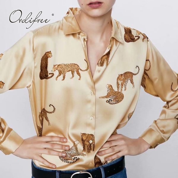 

summer streetwear women satin blouse long sleeve animal print fashion female shirt 210415, White