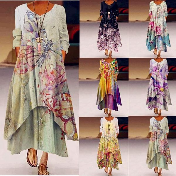 

casual dresses women 2021 loose pocket boho vintage ruffles beprinted dress full long sleeve spring party beach maxi plus sizes, Black;gray