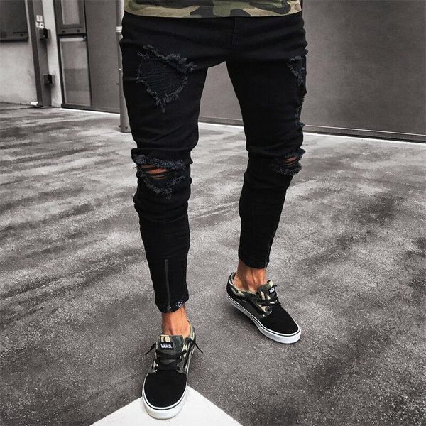 

hip hop men cool designer black ripped skinny jeans zipper pants destroyed frayed slim fit denim pant men's, Blue