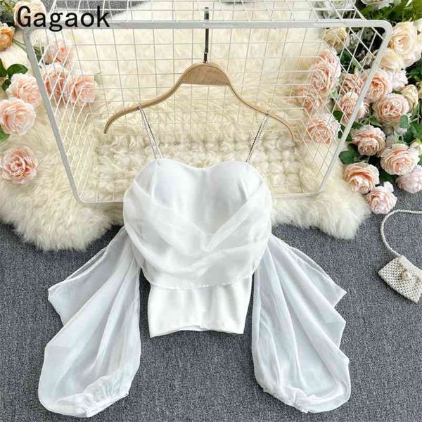 

women chiffon blouses summer v-neck solid puff sleeve club short shirt slim korean chic fashion wild blouse 210531, White