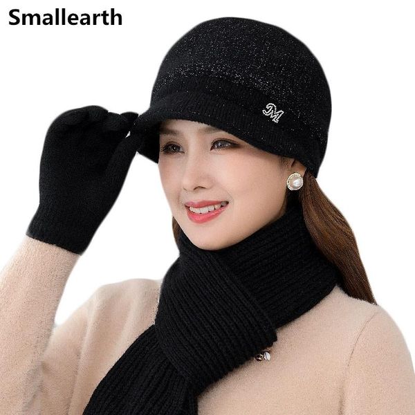 

hats, scarves & gloves sets winter warm knitted beanie hat scarf glove mom cap women woolen long lady thicken plush velvet caps set, Blue;gray