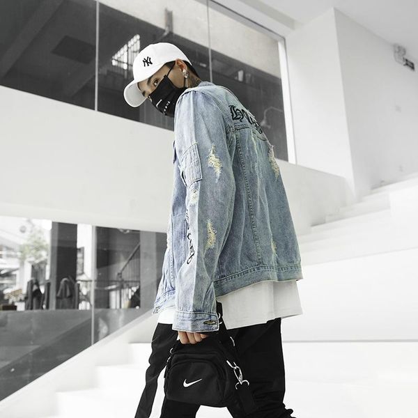 

men's jackets jacket european and american original coat denim cardigan loose letter embroidery ripped fashion, Black;brown
