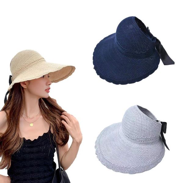 

wide brim hats women's summer hat empty bow-knot sun visor foldable adjustable breathable uv-protection cap female outdoor beach caps, Blue;gray