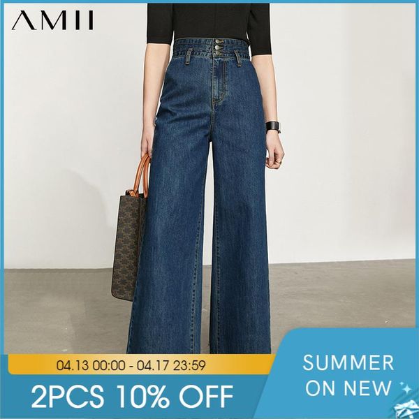 

amii minimalism spring summer jeans for women fashion high waist loose female wide leg pants causal women's 12140222, Blue
