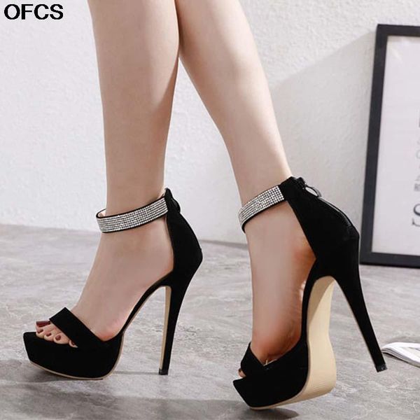 

women summer high heels sandals 15cm heel platform zip crystal peep toe slides black zapatos mujer hollow pumps shoes