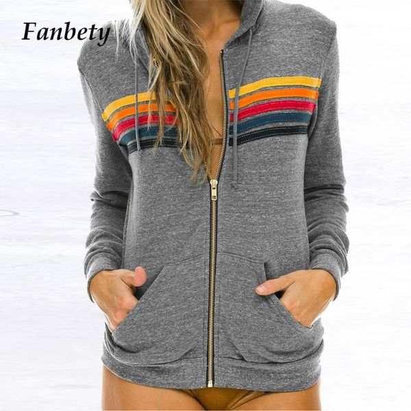 

casual zip pocket jackets 2021 spring fashion rainbow striped print hoodie sweatshirt women elegant long sleeve streetwears women's ho, Black