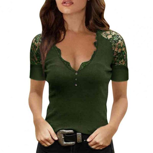 

womens summer slim deep v-neck lace short sleeve casual solid color black t-shirt female button t-shirt, White
