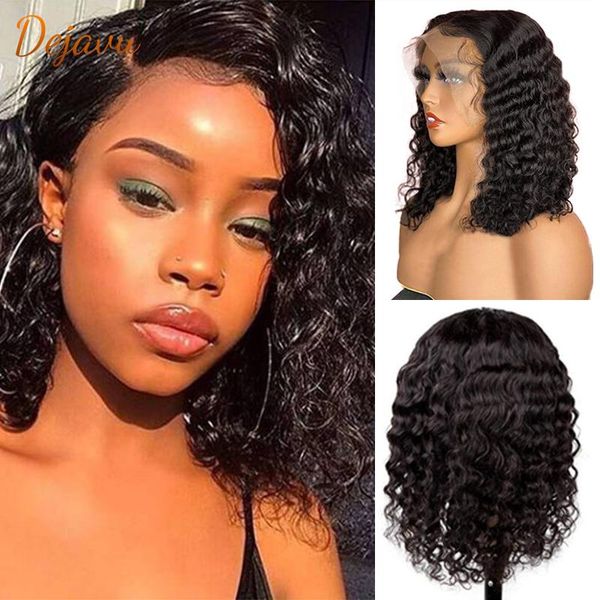 

lace wigs dejavu 13x4 bob 150% human hair front brazilian remy 4x4 short kinky curly deep water wig, Black;brown