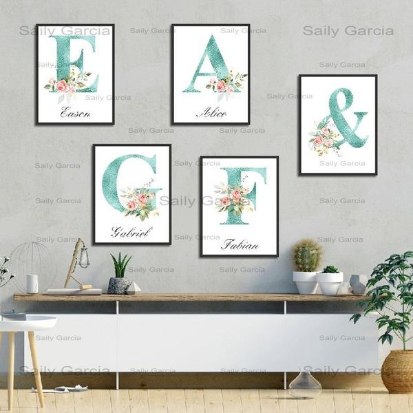 

paintings custom name canvas painting nursery wall art green flowers poster nordic quotes letter pictures girl baby room decor