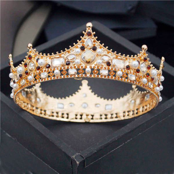 Barocco Royal King Diadem Uomini Perle di cristallo Diademi in metallo Corona nuziale Gioielli per capelli Ornamenti per teste grandi Accessori per feste di ballo 211006