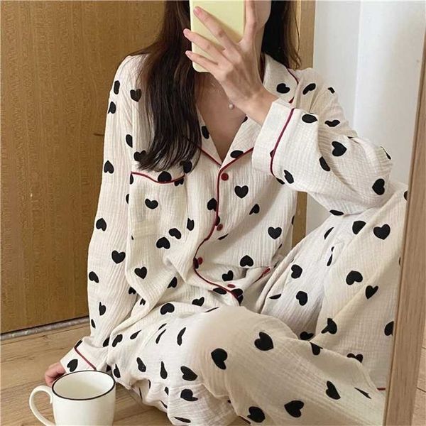 

qweek cotton pijama heart print pajamas for women korean sleepwear autumn pyjama pour femme long sleeve set woman 2 pieces pjs 211106, Black;red