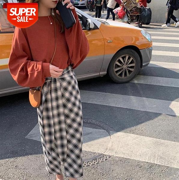

shipped plaid skirt women's year design sense well-known high-waist split mid-length #kh3c, Black;gray