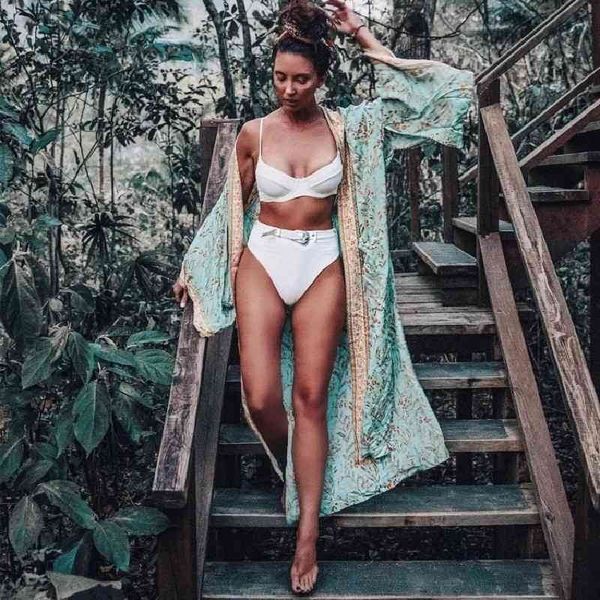 

boho woman cover-ups dress shirt casual floral print kaftan beach cover up long sleeve cardigan shawl swimwear women summer 210319, White;black