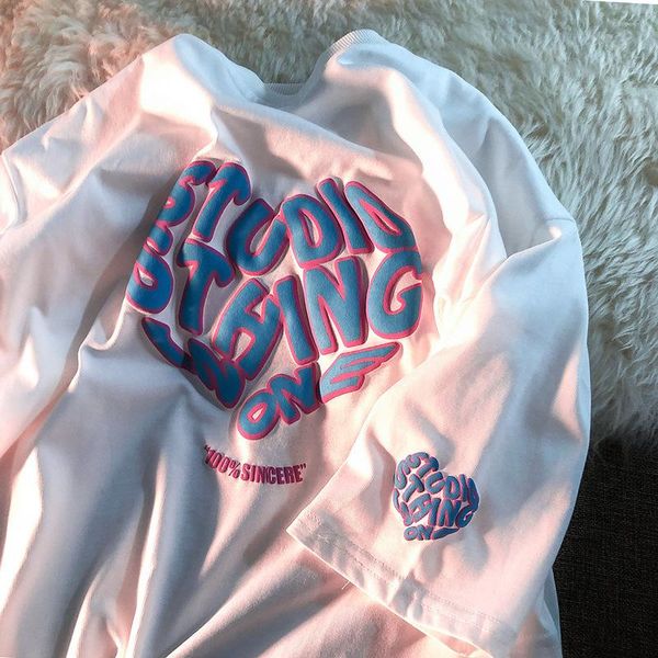 

women's t-shirt cotton foam love milk blue short-sleeved half-sleeved couple female harajuku loose printing casual oversized top, White