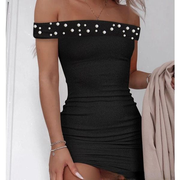 

casual dresses tight slash collar high bodycon pearl off-shoulder dress women black waist sheath mini clubwear, Black;gray