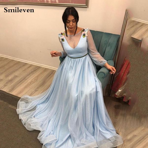 

party dresses smileven sky blue formal evening dress puff sleeve prom long special occasion gowns with flowers, White;black