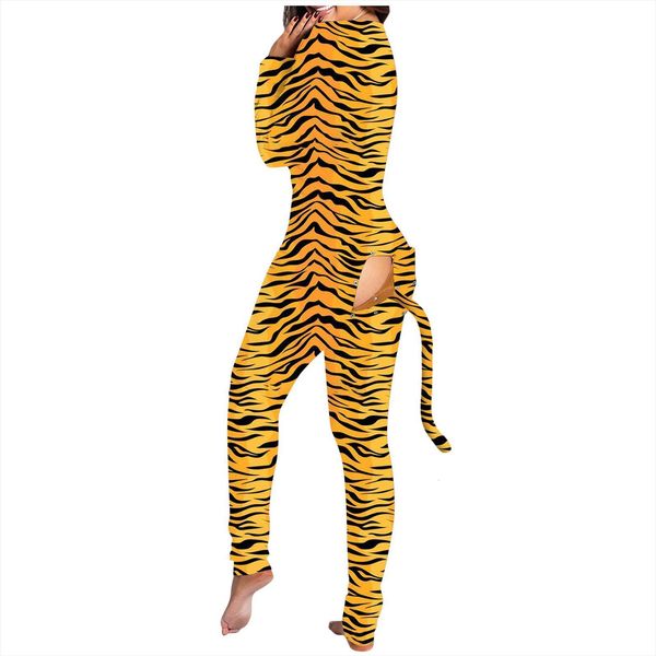 

print long sleeve button women jumpsuit flap nightwear bodysuit playsuit tiger pattern rompers womens overalls, Black;white