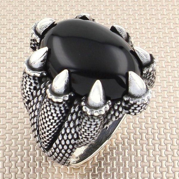 

oxidized oval cambered black onyx stone men silver ring with dragon foot motif made in turkey solid 925 sterling cluster rings, Golden;silver