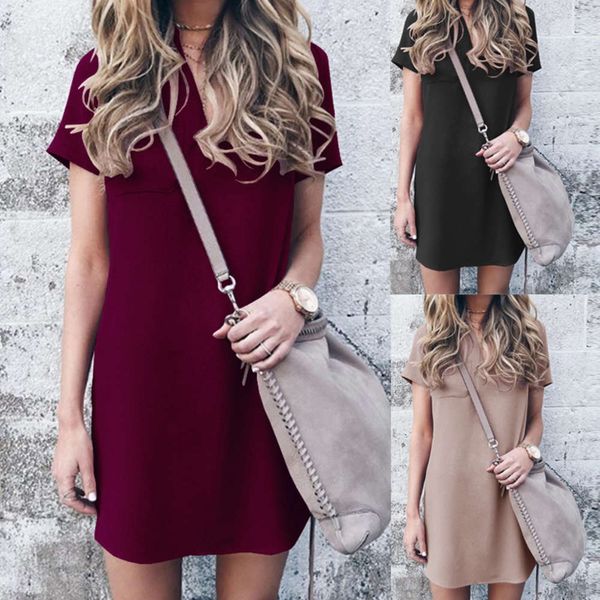 

summer v-neck short sleeve slim solid casual dress, Black;gray