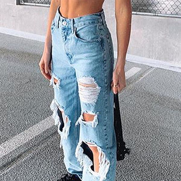 

ripped holes women's jeans thin slim fit high waist loose pants trousers street casual straight leg, Blue