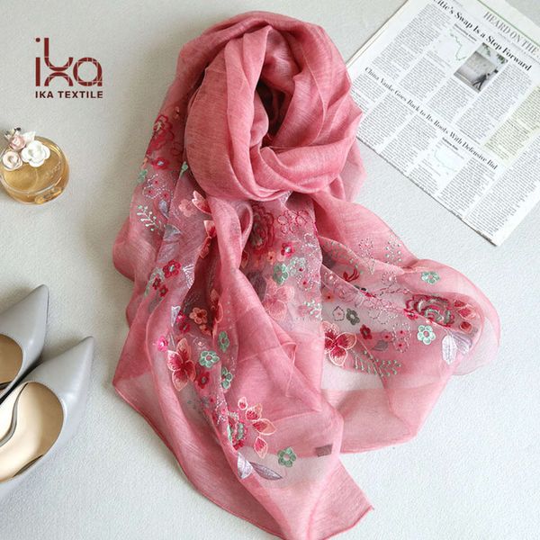 

new fashion wholale dropship delicate microfiber silk and wool hand floral embroidery scarf dign, Blue;gray
