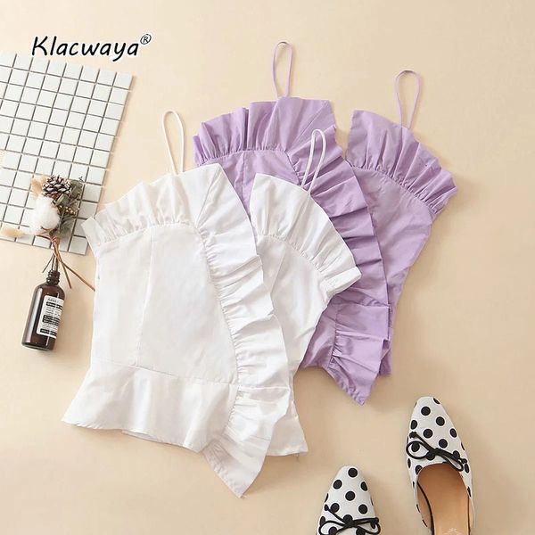 

women fashion ruffled pleated cropped cotton camis vintage backless straps female sweet shirts blusas chic 210521, White