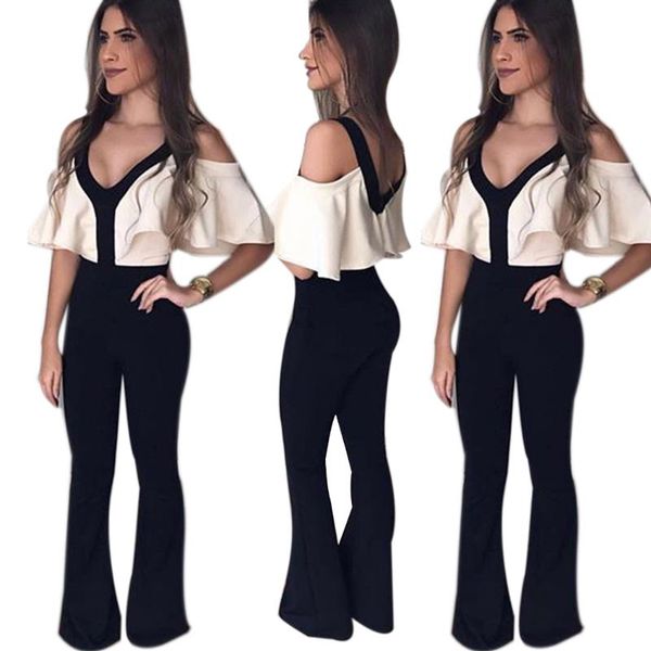 

women's jumpsuits & rompers womens jumpsuit ruffles cold shoulder long playsuit v neck flare pants ladies black color block overalls, Black;white