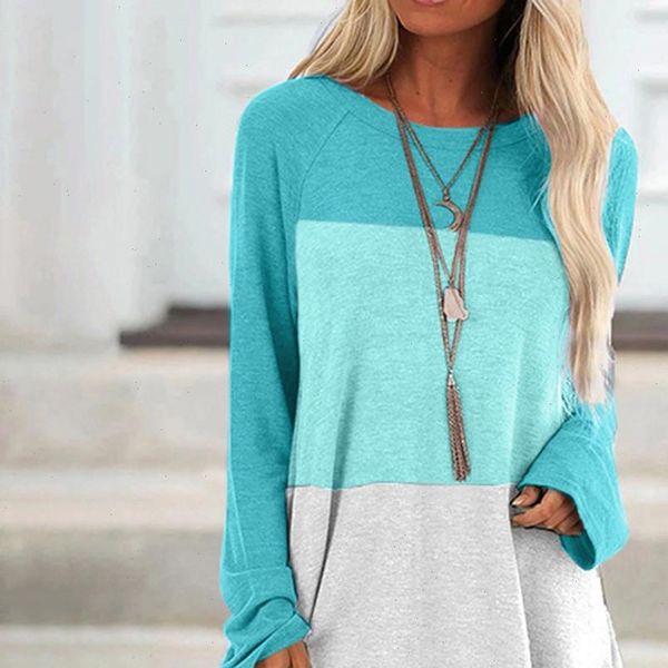 

feitong stripes color block tunic women shirt plus size long sleeve o neck tees casual loose blouses, White