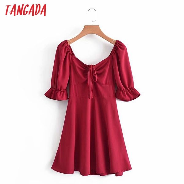 Летние женщины красный французский стиль слойки с коротким рукавом лук дамы мини-платье Vestidos 5D14 210416
