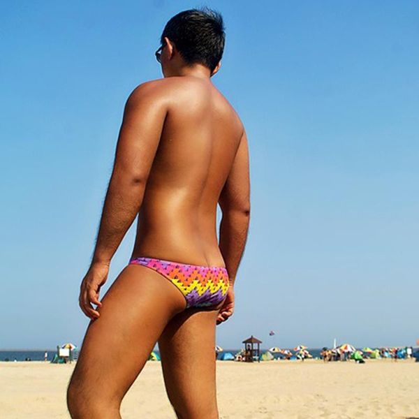 

plaid stripe swimsuits men beach swim briefs gay half pack hip swimwear pool bikinis bathing suits men's
