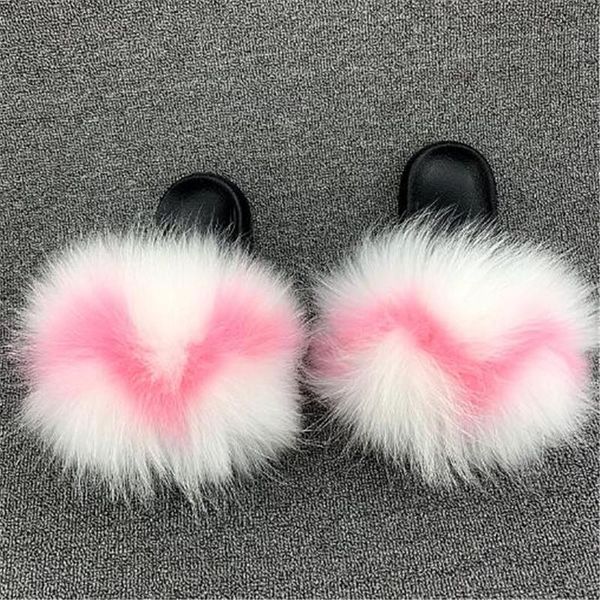 

slippers women's real hair kids/children's raccoon fur slides ladies fluffy furry sandals female plush flip flops home shoes, Black