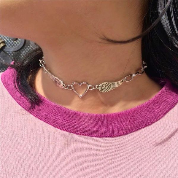 

chokers punk simple love heart wing necklaces for women girl goth vintage clavicle chain choker necklace 2021 y2k accessories gifts, Golden;silver