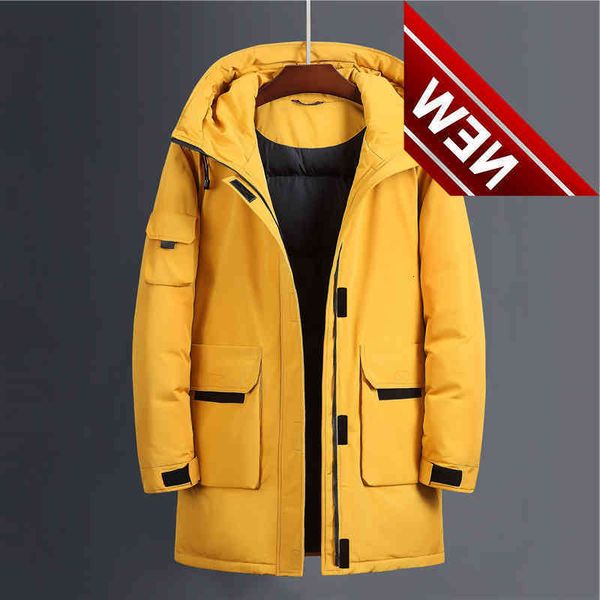 

men's long down jacket 2021 winter new fashion casual hooded thicken warm white duck coat male brand gray yellow beige, Black