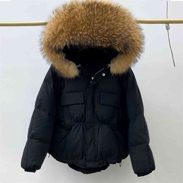 

huge natural raccoon fur hooded winter down coat women waterproof white duck jacket puffer female feather parkas 210913, Black