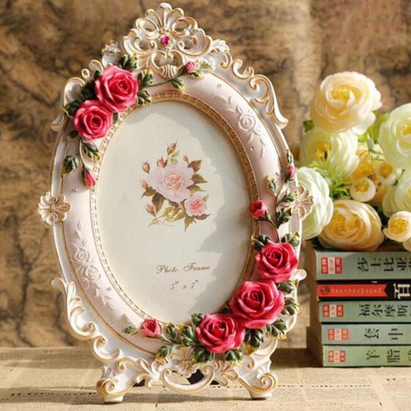

6inch 7inch picture frame european style resin rose flower po oval rectangle shape frames for wedding gifts home decor