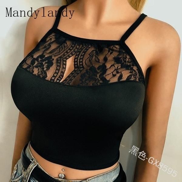 

mandylandy spaghetti strap camis women's lace stitching hollow out short summer o-neck backless solid color tanks &, White
