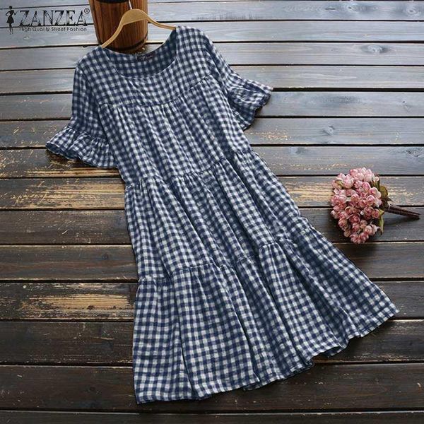 

party dresses women vintage 2022 summer plaid mid vestidos casual ruffle sleeve sundress ladies a-line robe, White;black
