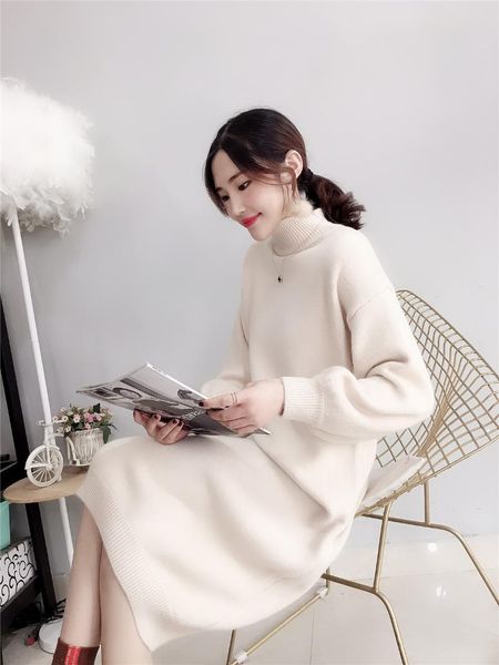 

casual dresses autumn and winter women's high neck long knitted sweater skirt pullover dress slim bottoming korean version, Black;gray