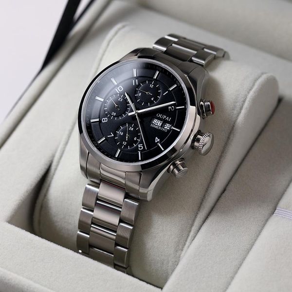

wristwatches oupai sports automatic watch men malfunction stainless steel bracelet waterproof business with double calendar 24 hour, Slivery;brown