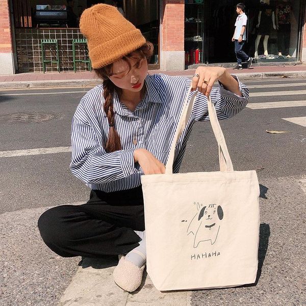 

white canvas bag female ins cute literary college student shoulder shopper eco friendly tote shopping bags