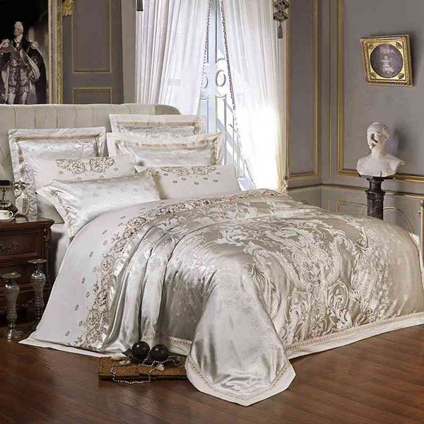 Set biancheria da letto copripiumino jacquard in raso di seta di lusso in oro con nastro matrimoniale king size Lenzuolo da ricamo / lenzuolo con angoli 210721