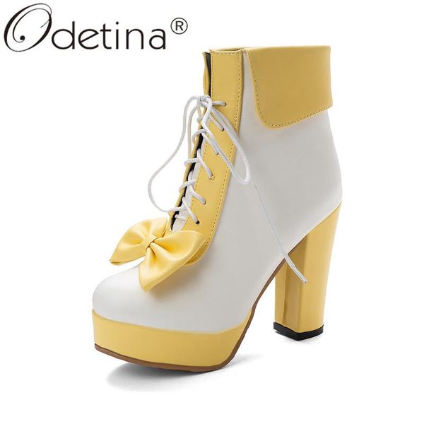 

boots odetina women block high heel lace up party sweet platform ankle ladies bowknot cosplay princess lolita shoes big size 48, Black