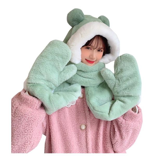 

sports gloves creative hooded scarf hat glove women winter warm soft hood cute frog ears snood pocket hats, Black