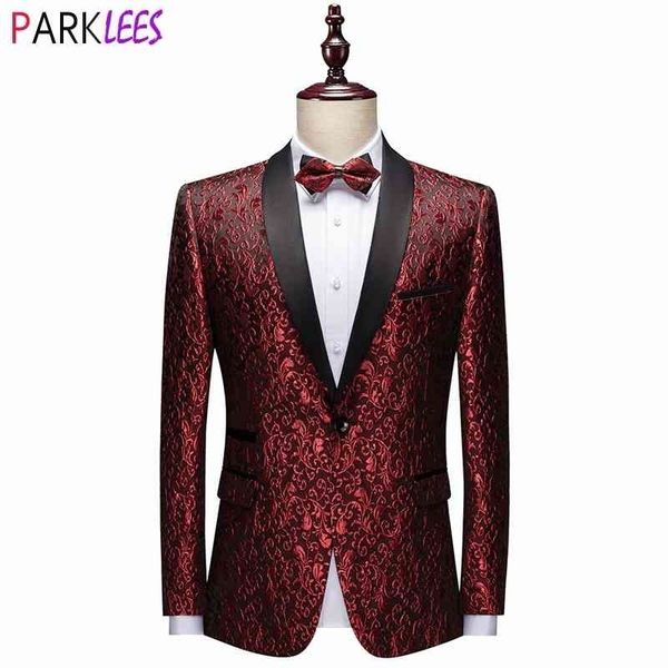 

wine red floral jacquard dress blazers men patchwork collar one button tuxedo suit jacket male wedding banquet blazer masculino 210522, White;black