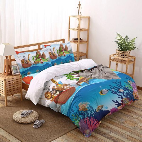 

bedding sets cartoon marine fish boat animal duvet cover pillow case bed sheet boy kid girl set king  twin full home textile