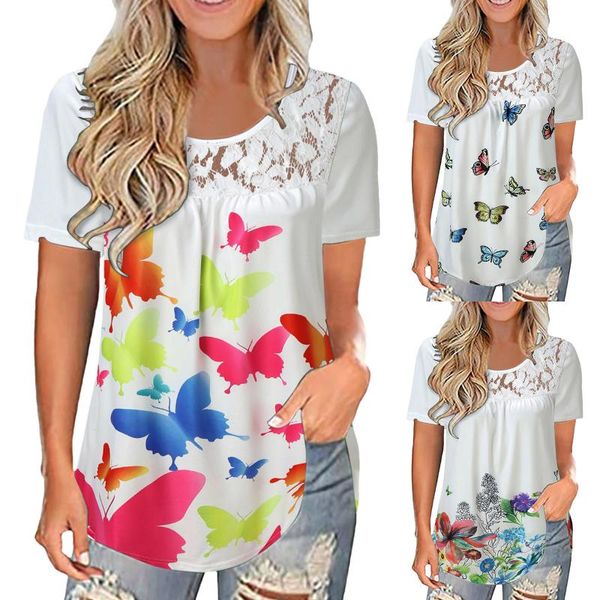 

women's blouses & shirts summer short sleeve shirt clothing chiffon women blouse lace printing splicing o-neck loose blusas 2021, White